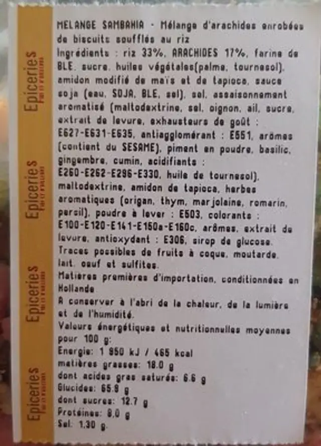 Mélange sambahia ingredients label
