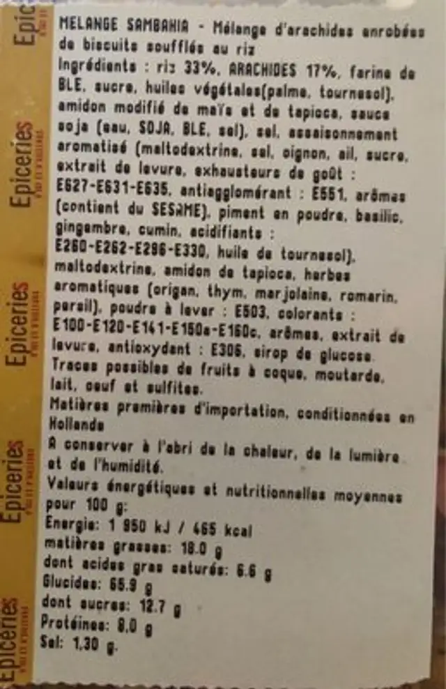Mélange Sambahia nutrition facts table
