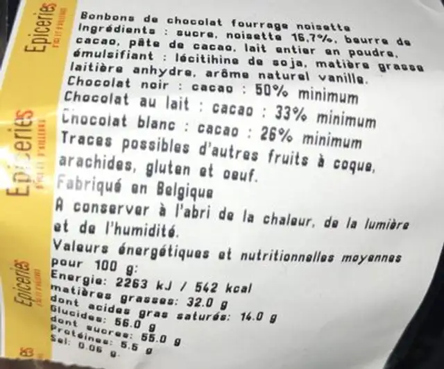 Fruits de mer praline ingredients label