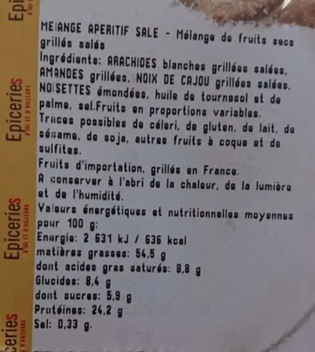 Mélange apéritif salé nutrition facts table
