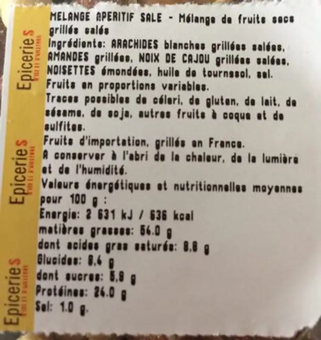 Melange aperitif ingredients label