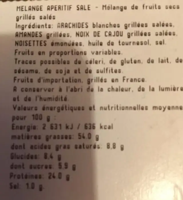 Mélange apéritif salé ingredients label