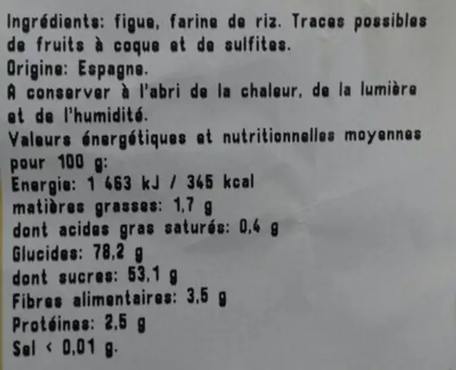 Figues séchées CUELLO DAMA nutrition facts table