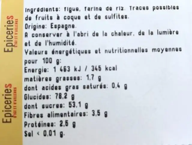 Figues sechées variété CUELLO DAMA ingredients label