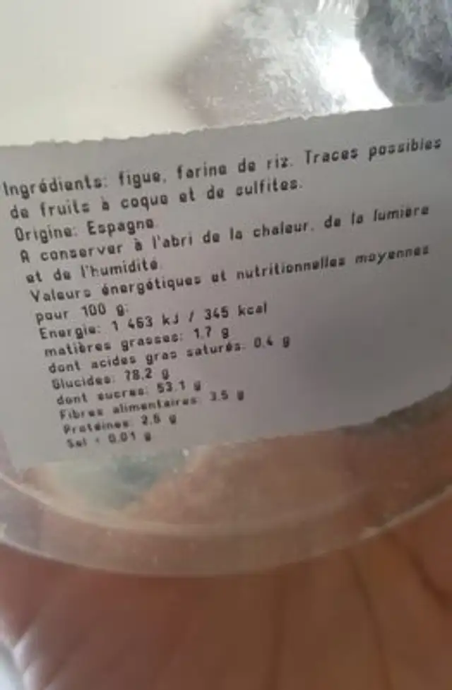 figues sèchees variété CUELLO DAMA ingredients label