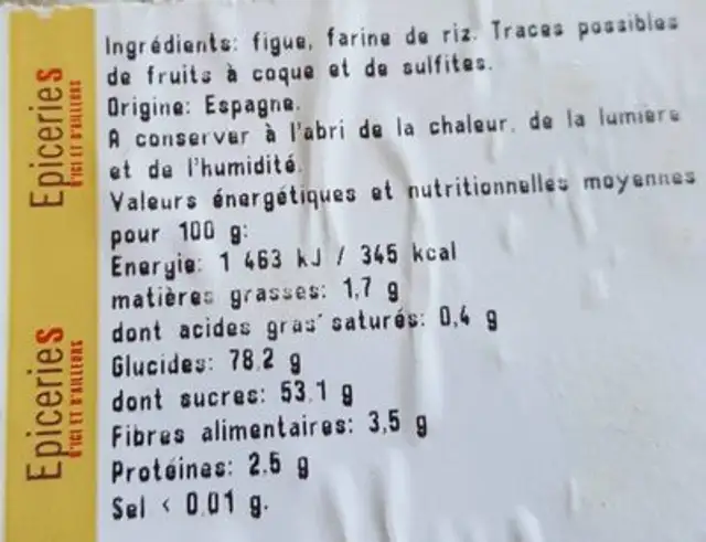 Figues sechées Cuello Dama ingredients label