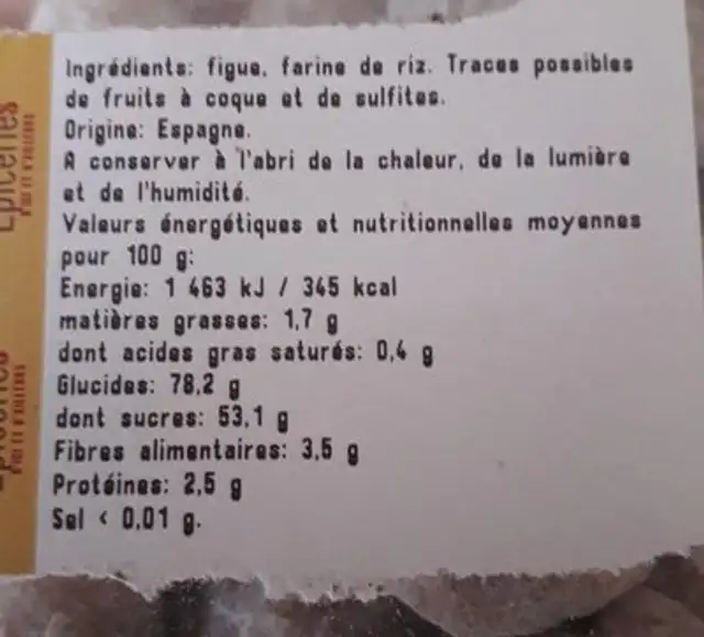 Figues séchées variété CUELLO DAMA ingredients label