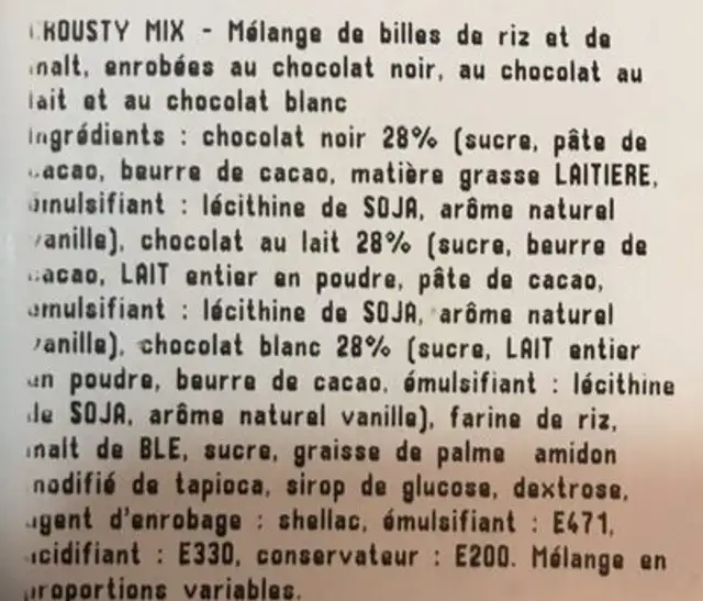 Crousty mix ingredients label
