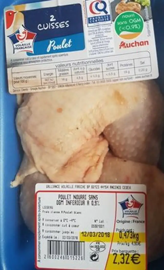 2 cuisses de poulet nourri sans ogm ingredients label