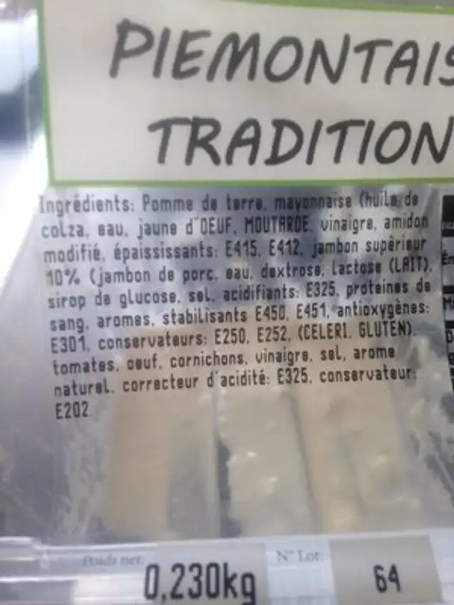 Piemontaise tradition ingredients label