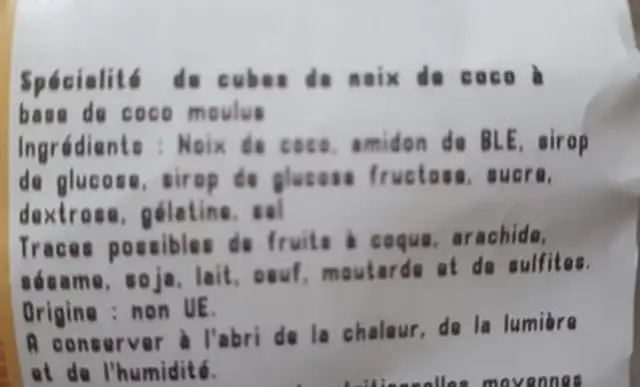 Spécialité coco cubes ingredients label