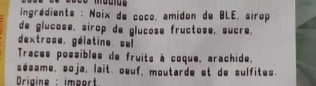 Spécialité de cubes de noix de coco ingredients label