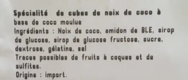 Specialité coco cube ingredients label