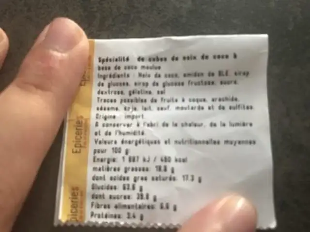 Cube de coco ingredients label