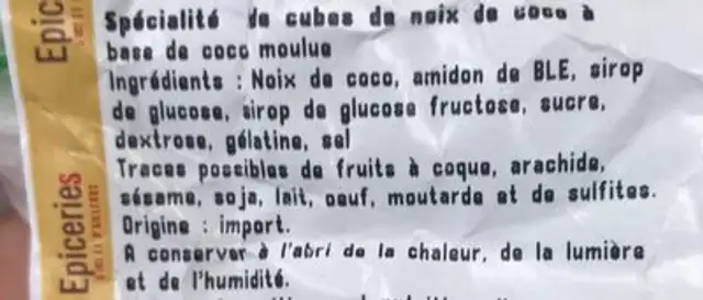 Cubes de noix de coco ingredients label