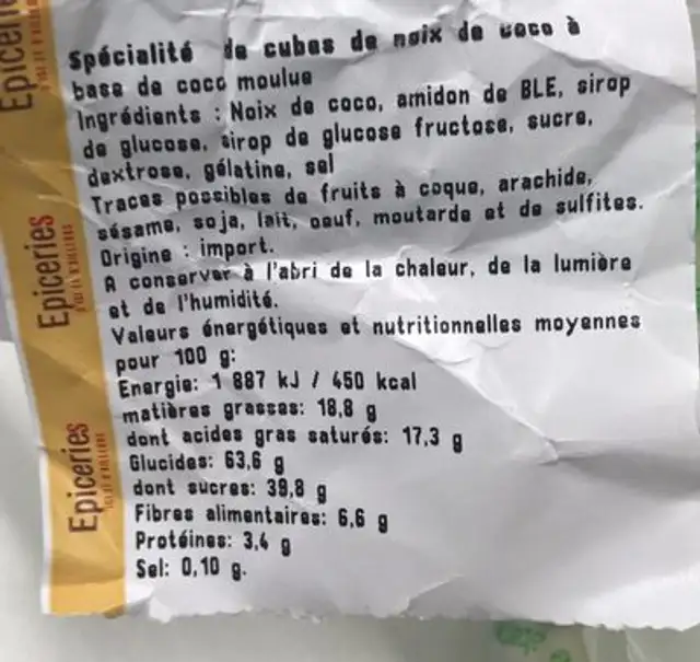Cubes de noix de coco nutrition facts table