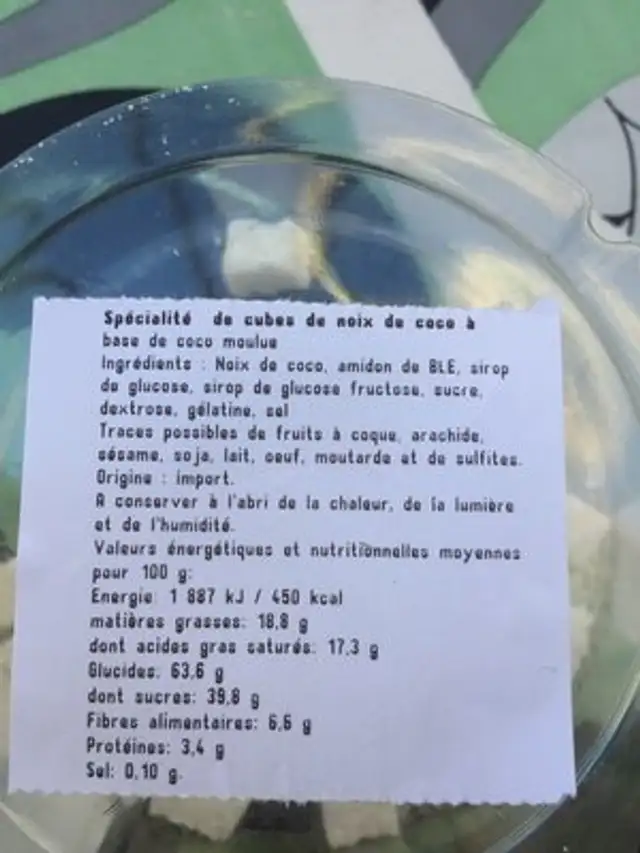 Specialite de coco ingredients label