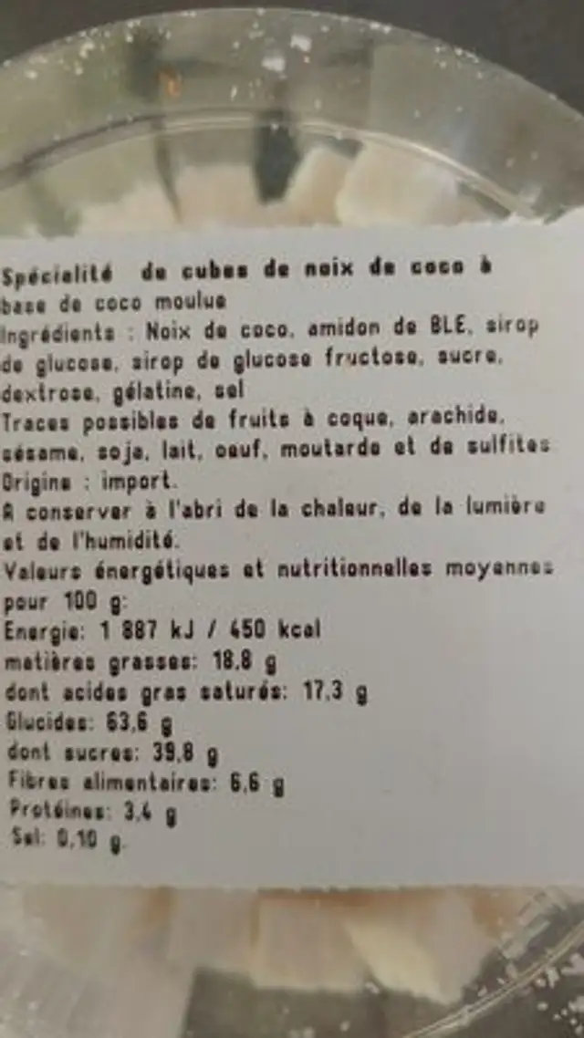 Cubes coco GF ingredients label