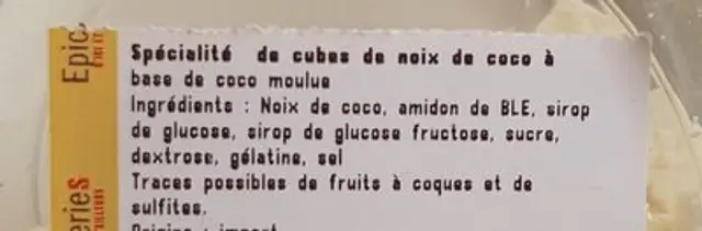 Spécialités de coco cubes ingredients label