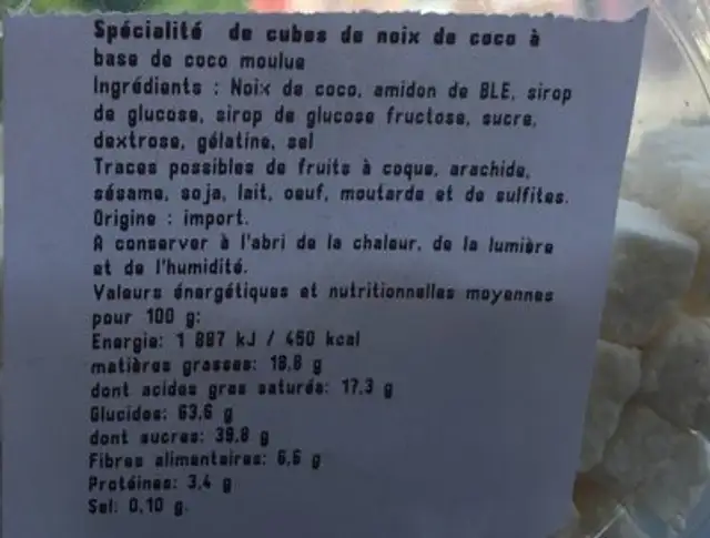 Specialite de coco cube ingredients label
