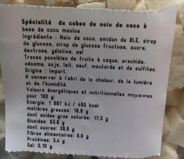 Cubes noix de coco ingredients label