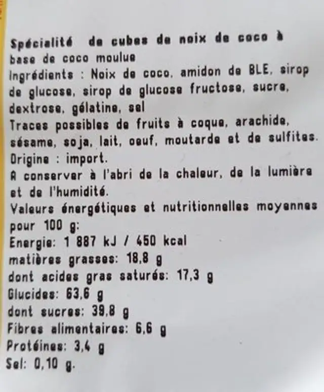 Coco en cube ingredients label