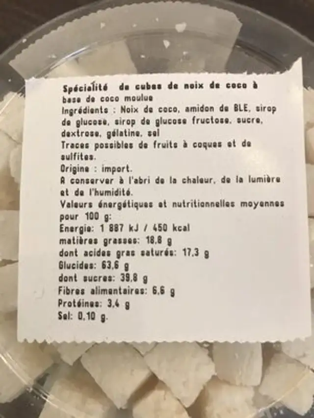 Coco cubes ingredients label