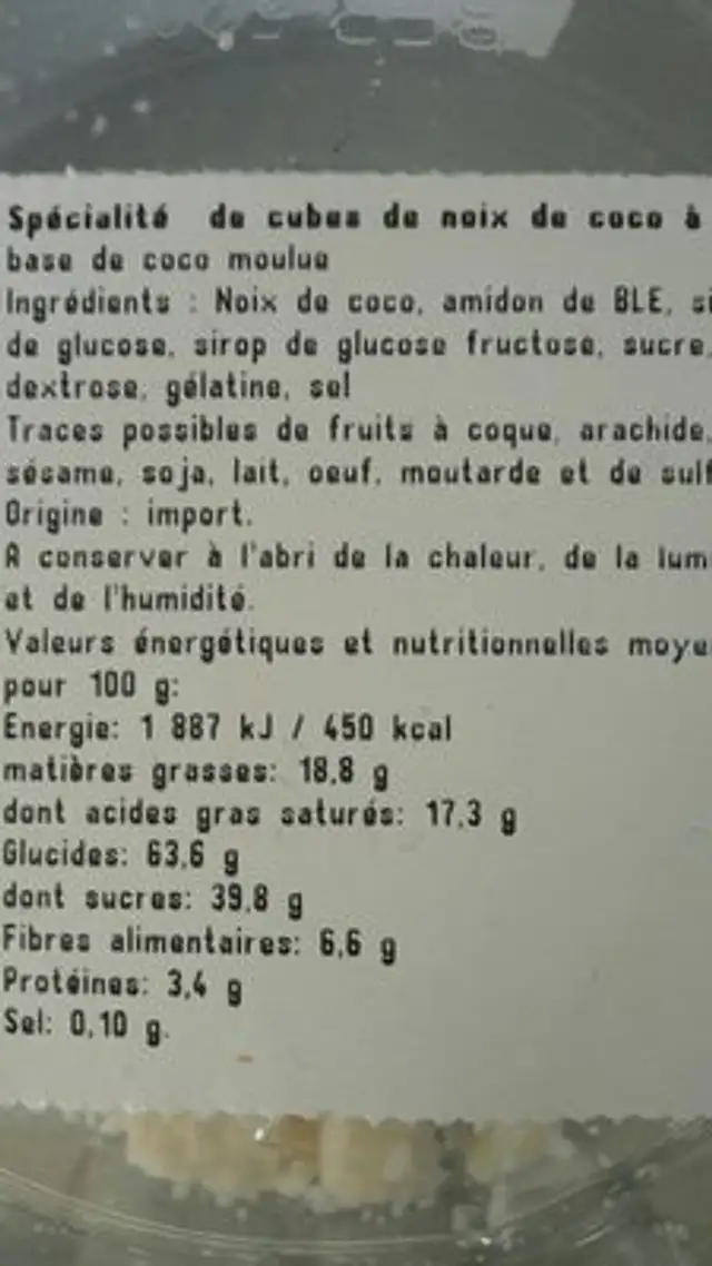 Cubes de noix de coco ingredients label