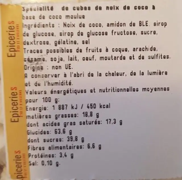 Spécialité de coco cubes ingredients label