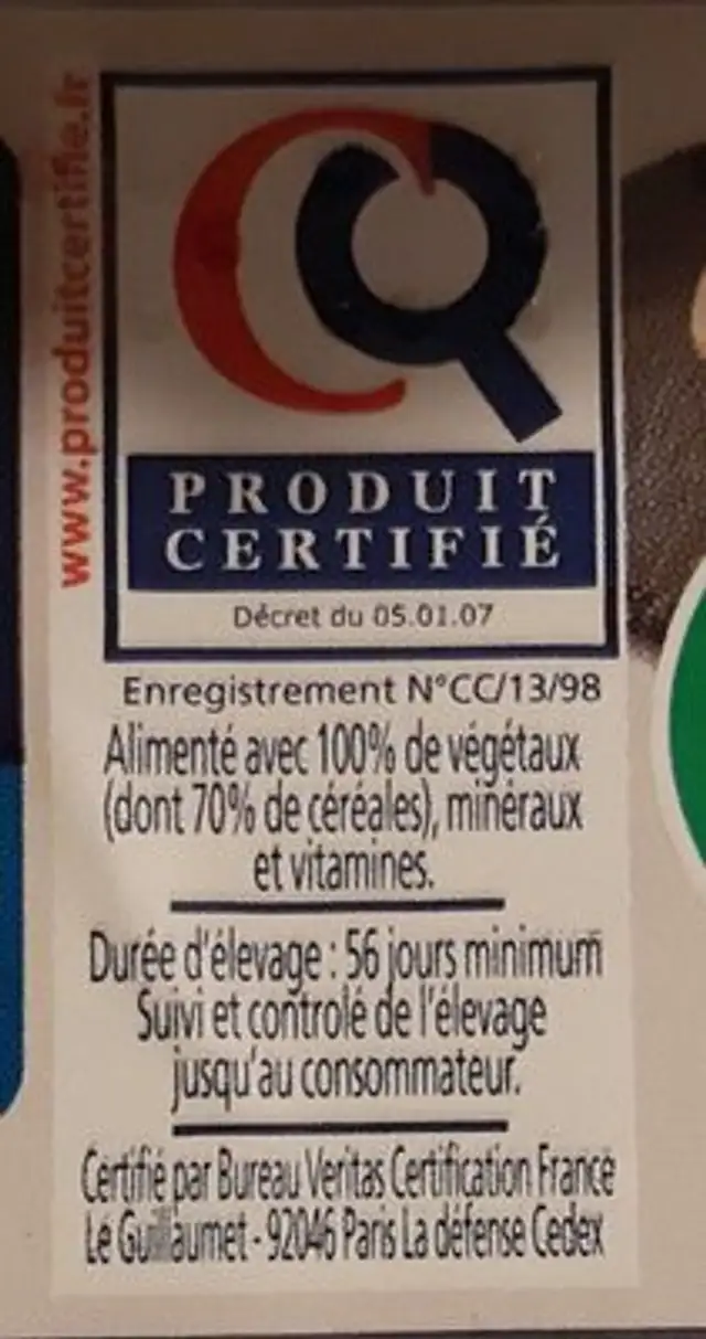 Filet de poulet ingredients label