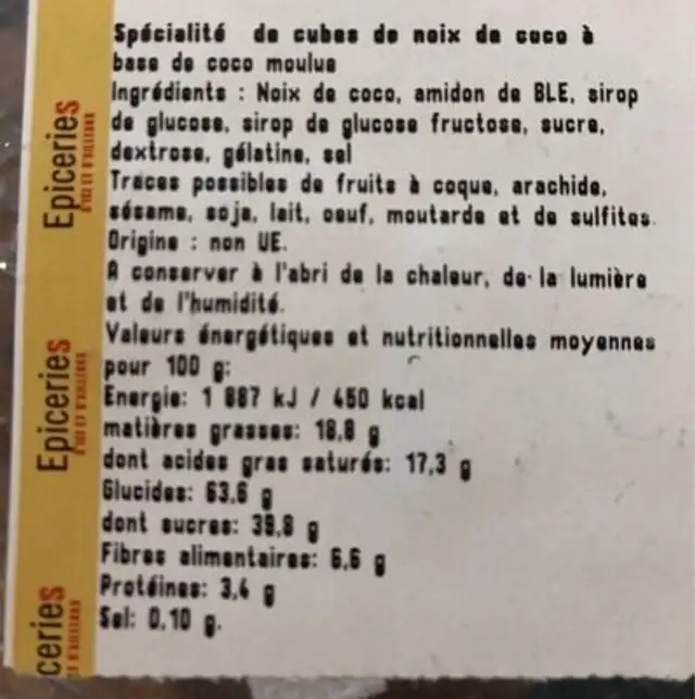Cubes de Coco ingredients label
