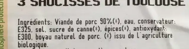 Saucisses de Toulouse ingredients label