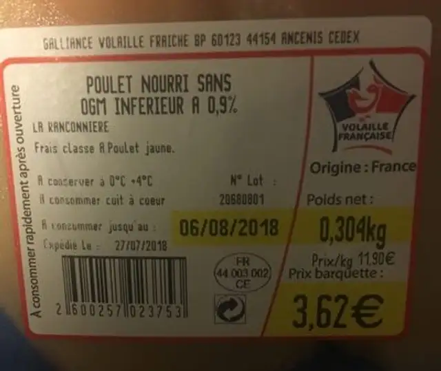 Filet de poulet ingredients label