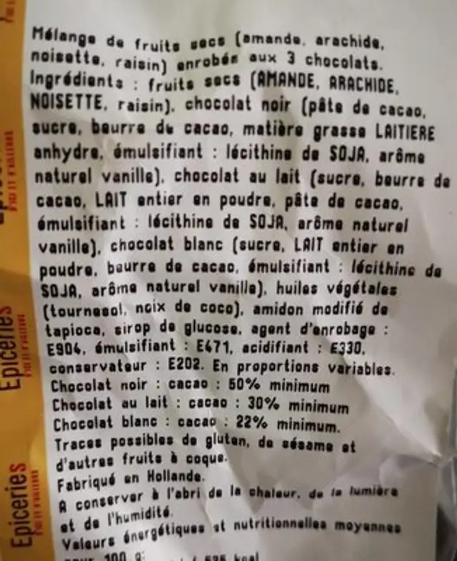 Choco mix ingredients label