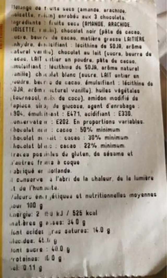 Choco mix ingredients label