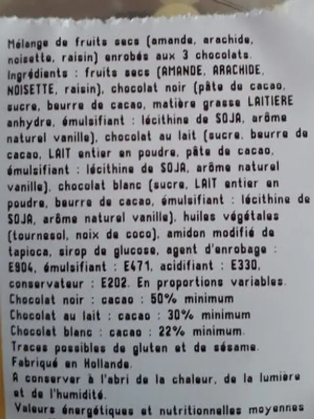Choco Mix ingredients label