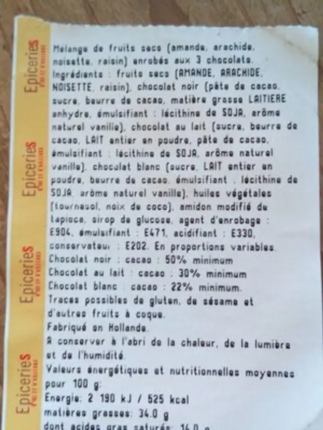 Choco mix ingredients label