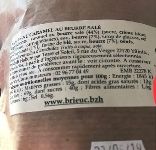 Palets au caramel ingredients label