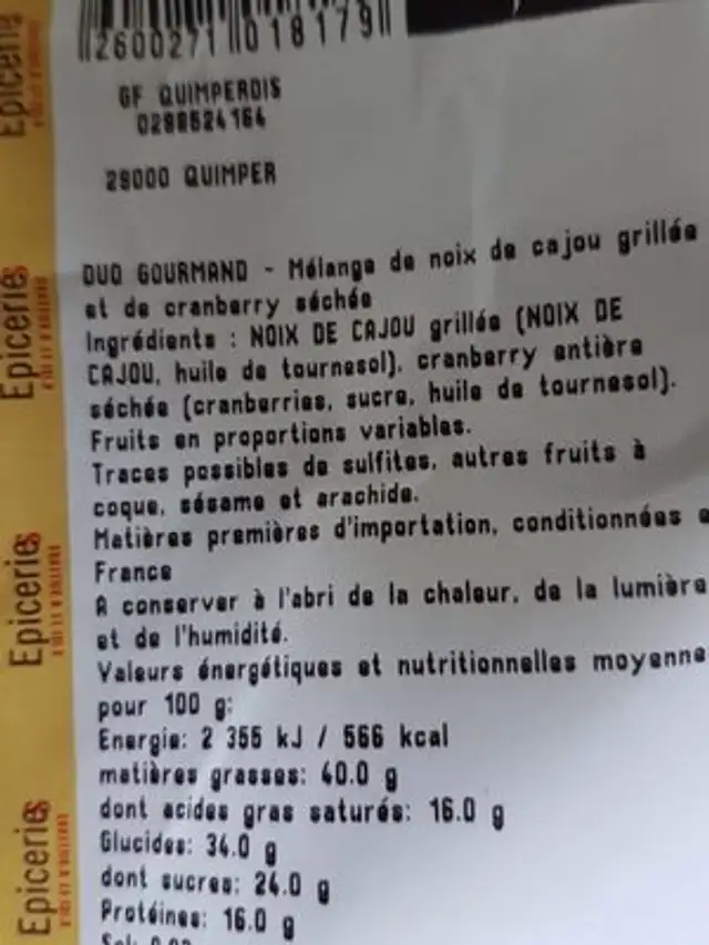 Mélange duo gourmand ingredients label