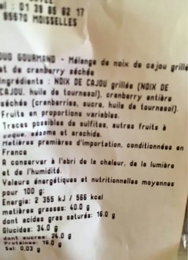 Mélange de noix de cajou et de cranberries ingredients label