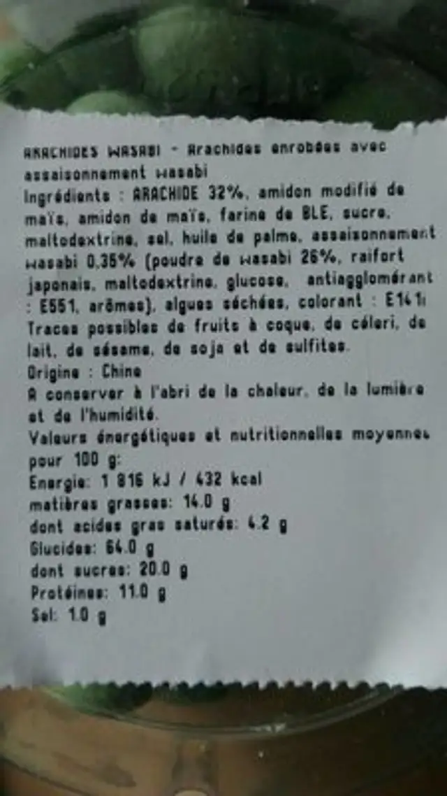 Arachide wasabi ingredients label