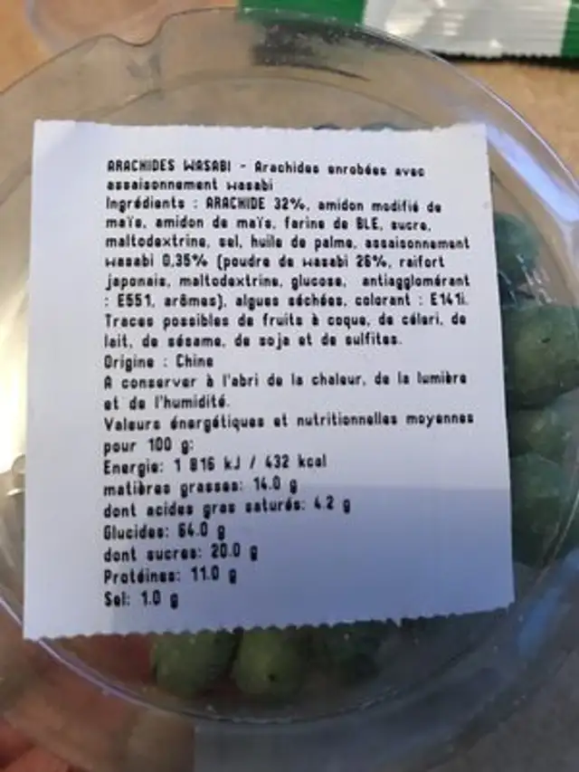 Arachide wasabi ingredients label