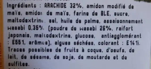 Arachides wasabi ingredients label