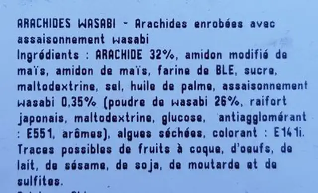 Arachides wasabi boule ingredients label