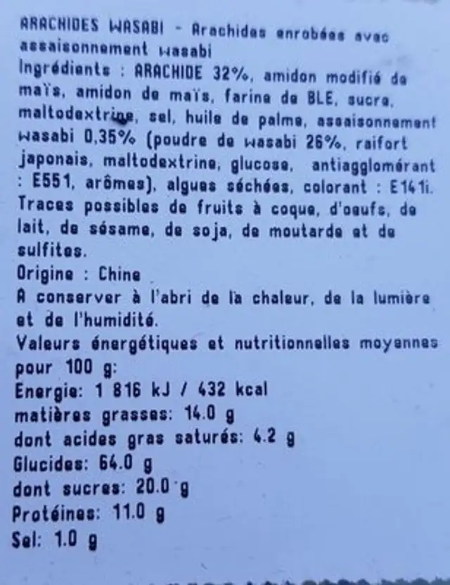 Arachides wasabi boule nutrition facts table