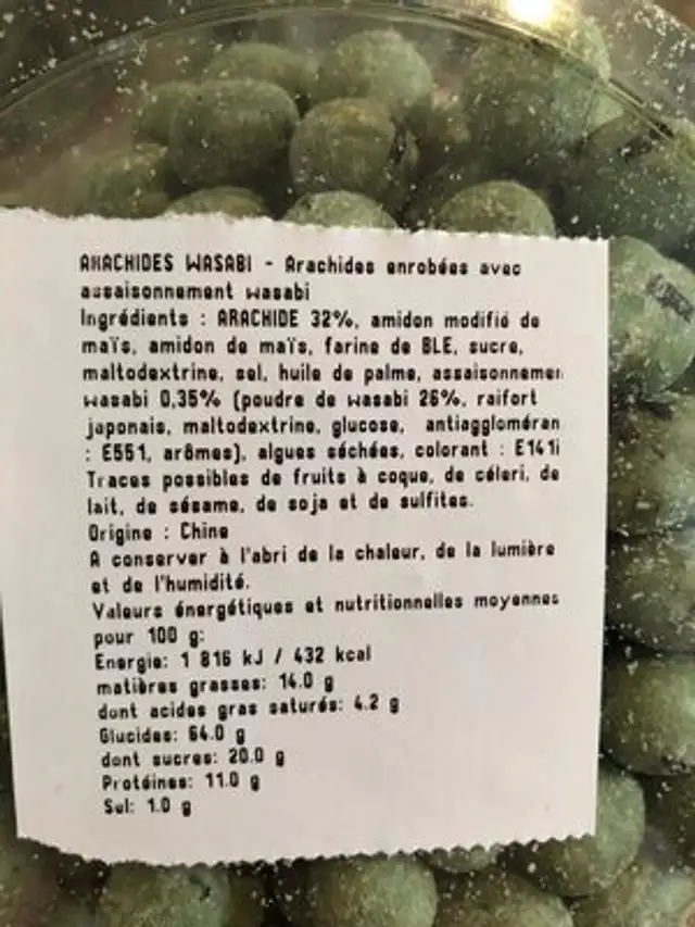Arachide wasabi ingredients label