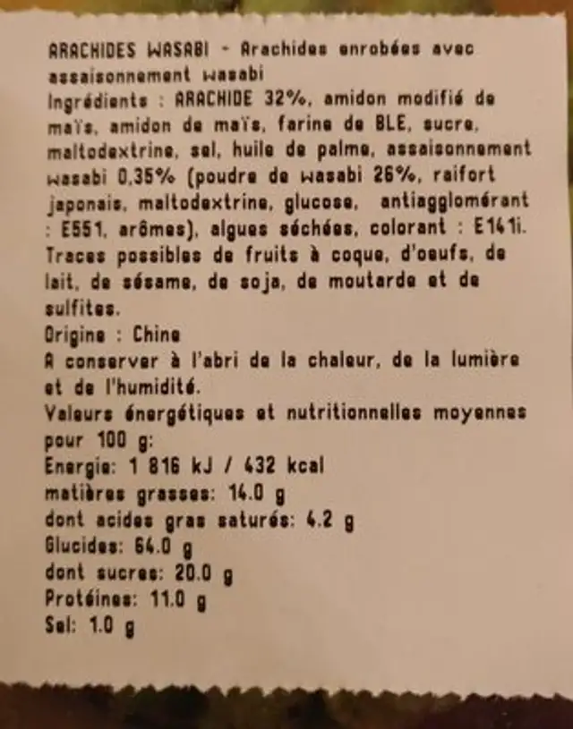 Arachide wasabi boule ingredients label