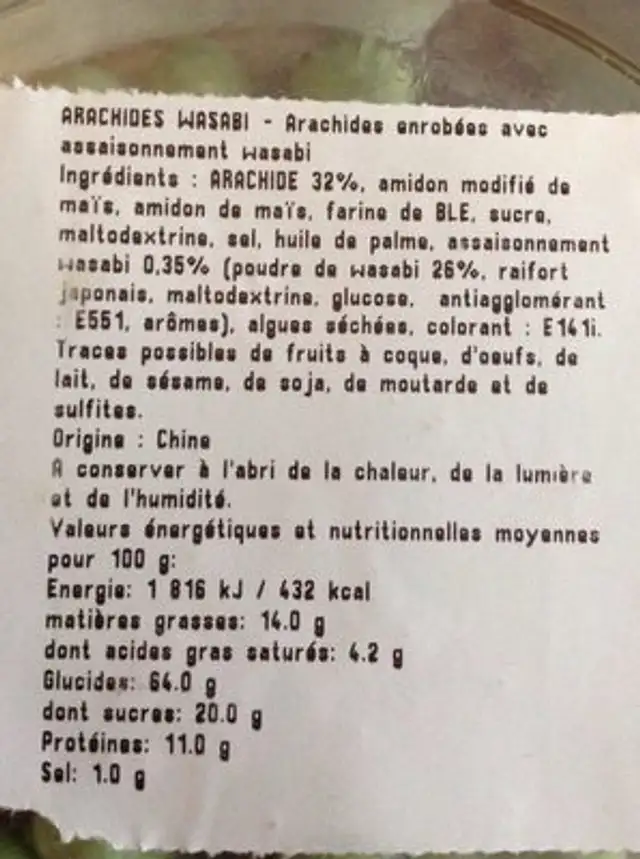 Arachides wasabi boules ingredients label