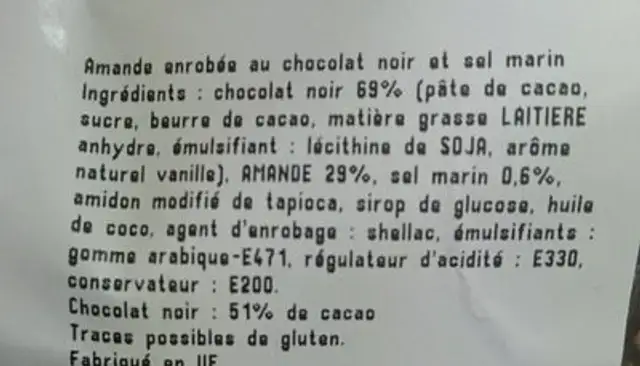 Amandes enrobées chocolat ingredients label