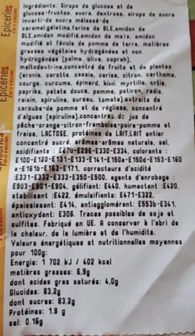 Confiserie ingredients label